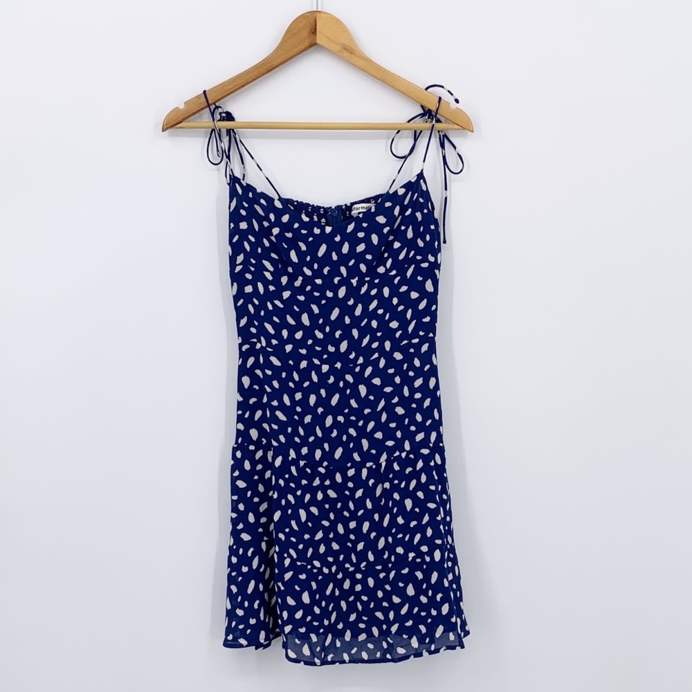 REFORMATION BLUE SPECKLED SPOTTED REFORMATION THE OTHELLO MINI DRESS Moray Print - Picture 4 of 12